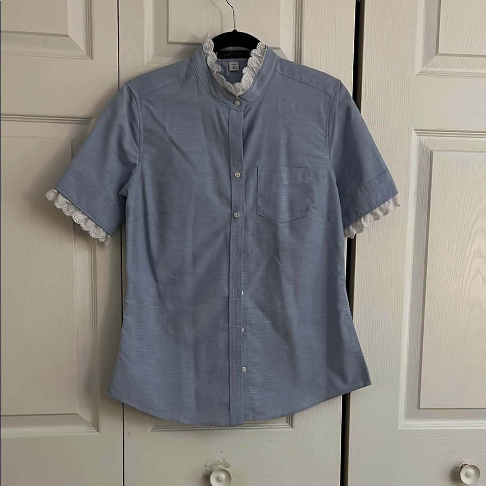 Blue Short Sleeve Blouse with Classic Collar